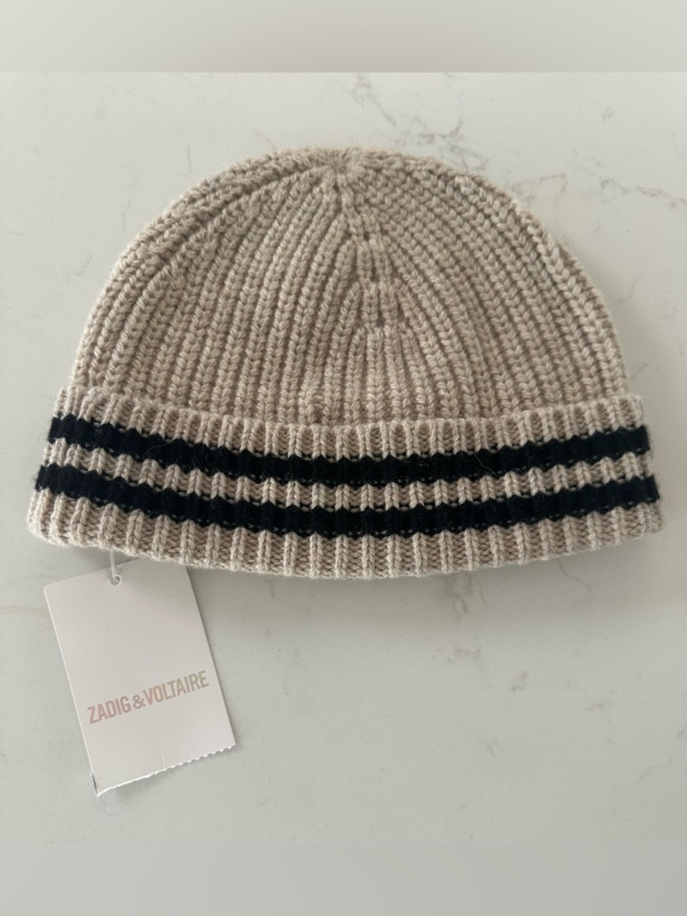Zadig & Voltaire Beige Knit Beanie with Black Stripes